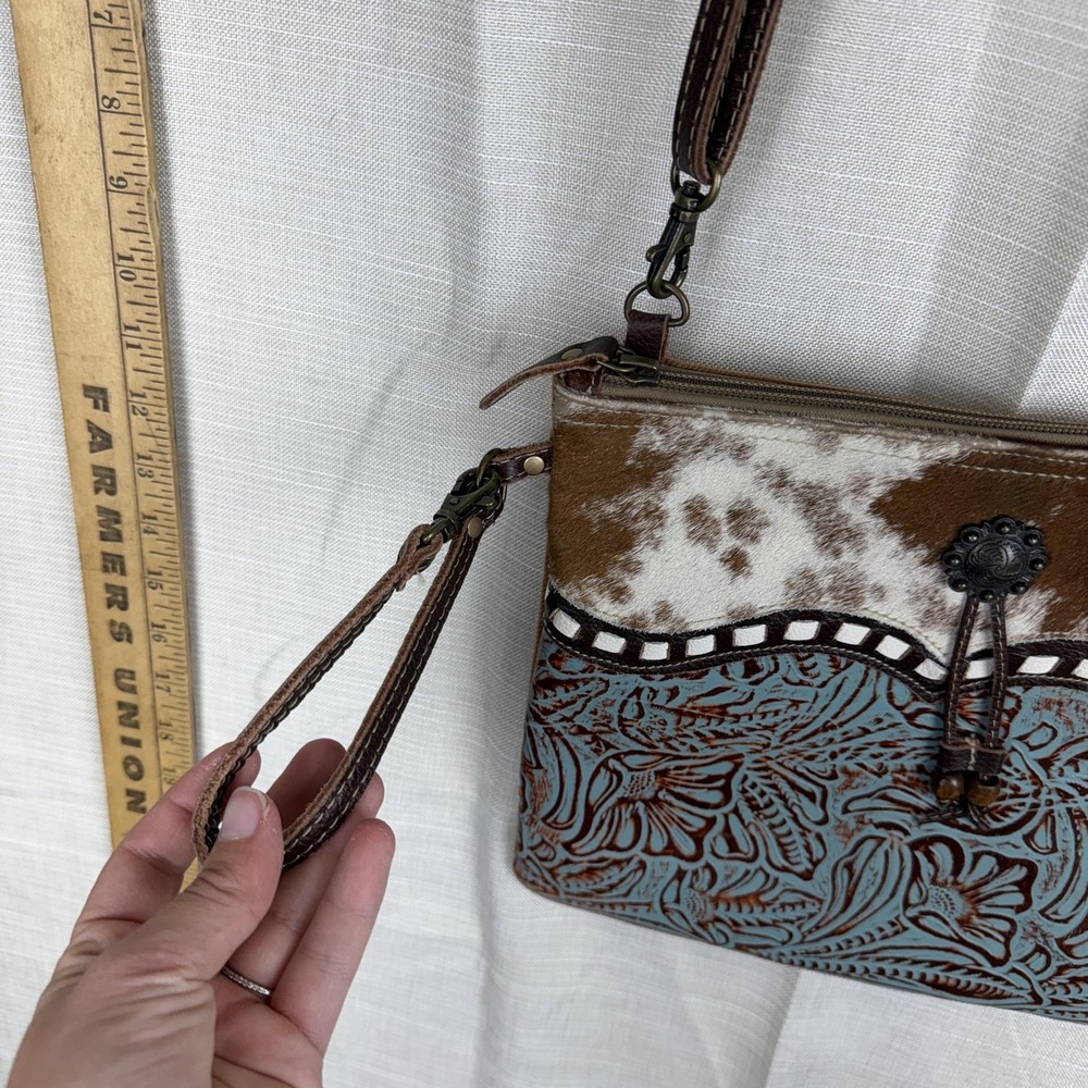 Myra Bag Crossbody Bag Womens Medium Brown Cowhide Fur Trim Floral Western - Picture 6 of 10